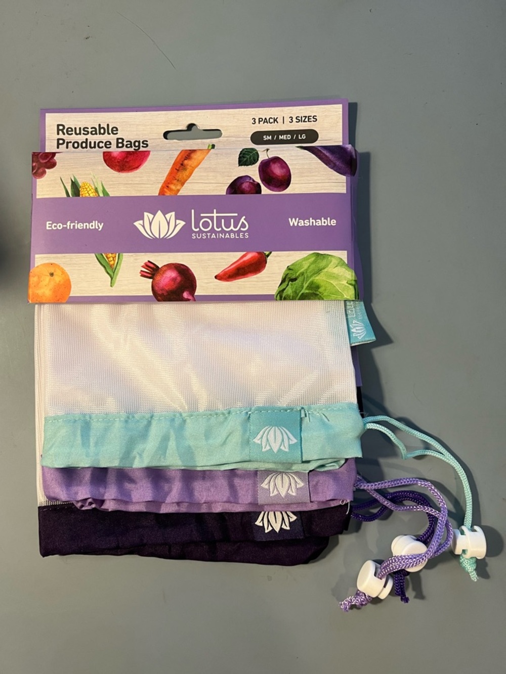 Reusable Produce Bags - White, Teal, Purple (3-Pack)